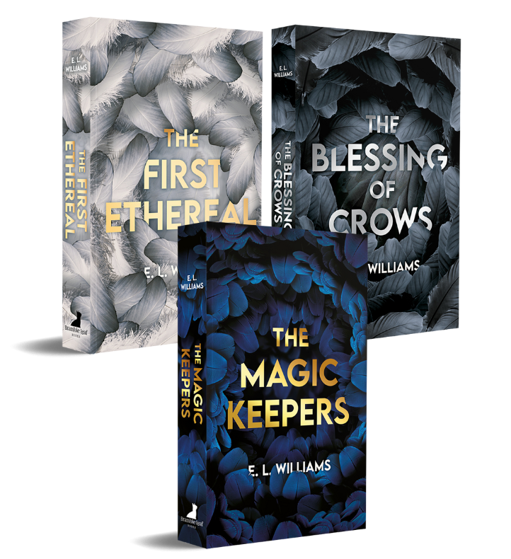 Three paperback books in a line. The First Ethereal, The Blessing of Crows and The Magic Keepers. Ethereal is a grey feathered cover, Crows is black and Magic Keepers is dark blue feathers.