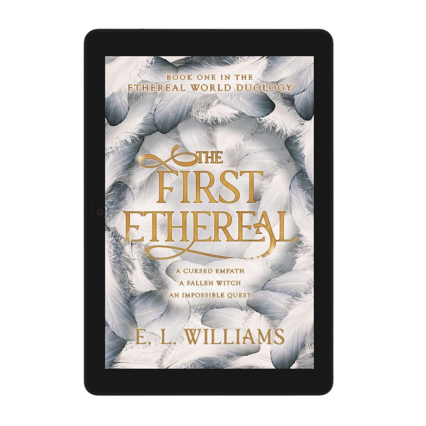 E-reader displaying the book cover of 'The First Ethereal' by E.L. Williams on a white background