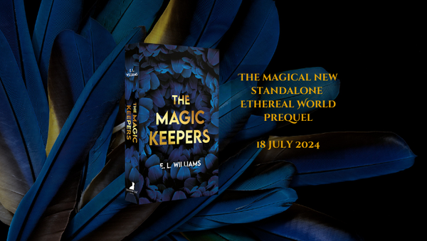 Dark blue and yellow feathered background. Book with same colour feathers entitled 'The Magic Keepers' in yellow text. Writing says, The magical new standalone  Ethereal World Prequel  18 July 2024