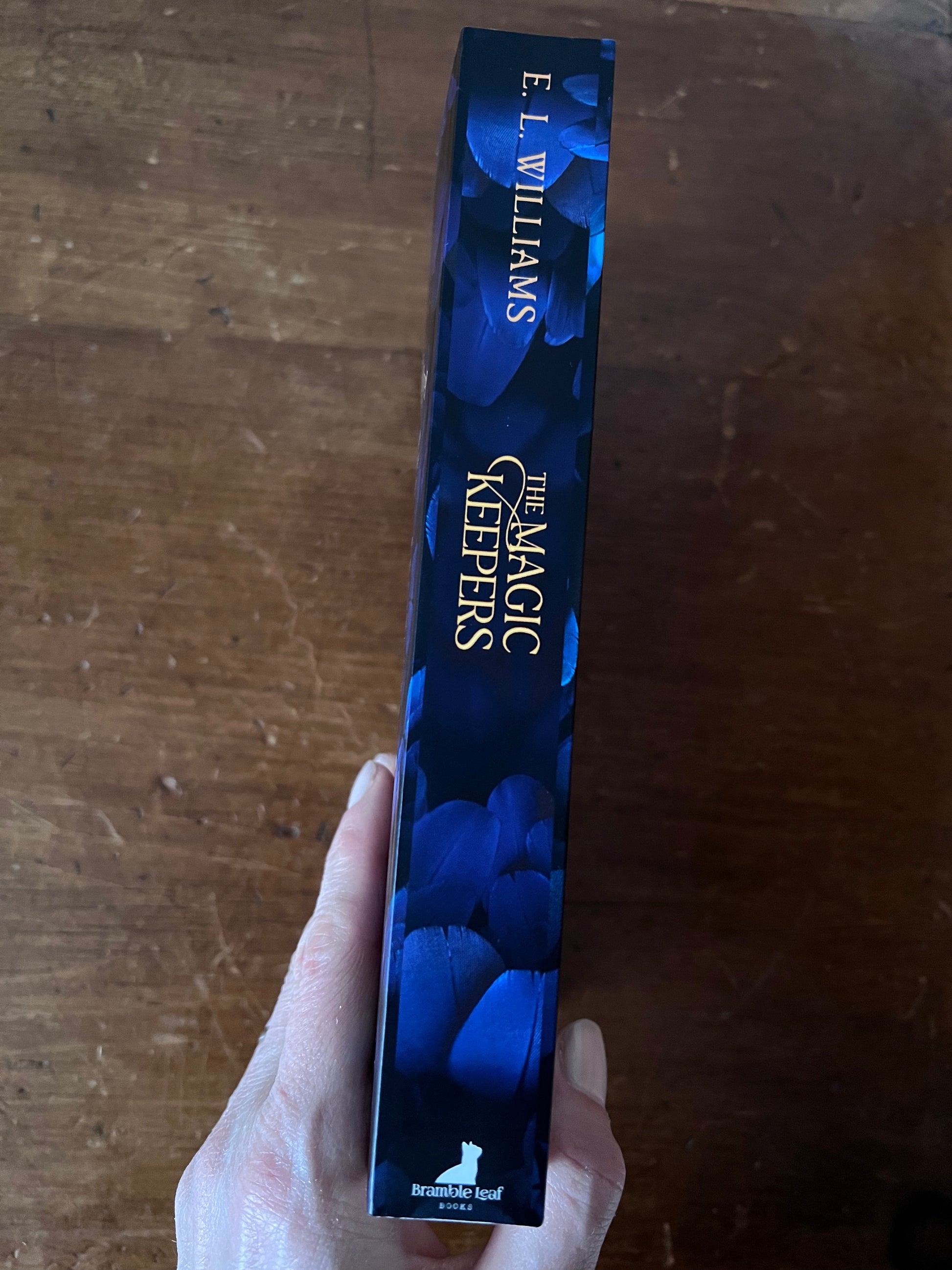 Blue book titled 'The Magic Keepers' by E.L. Williams held by a hand on a wooden surface.