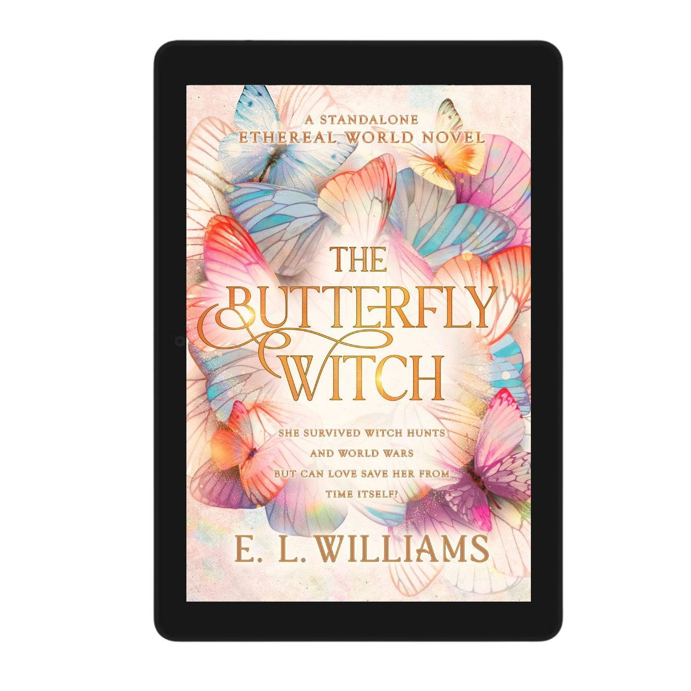 E-Reader displaying the cover of 'The Butterfly Witch' by E.L. Williams on a white background