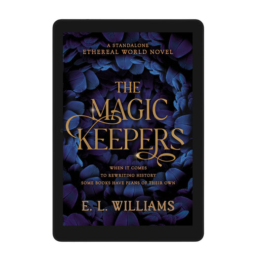 E-book cover of 'The Magic Keepers' by E.L. Williams with a dark blue floral design on a white background