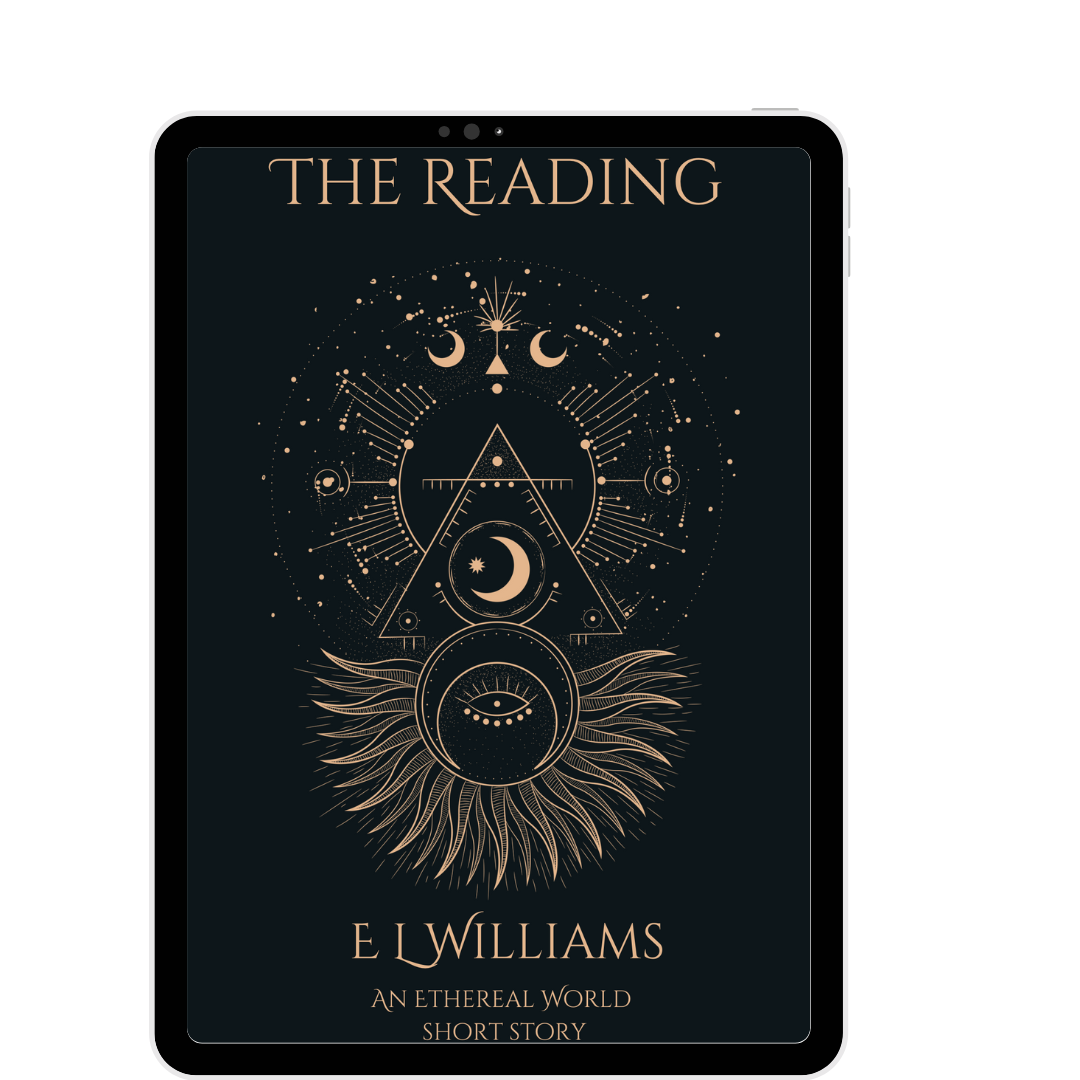 Book cover of 'The Reading' by E.L. Williams with celestial symbols on a black background